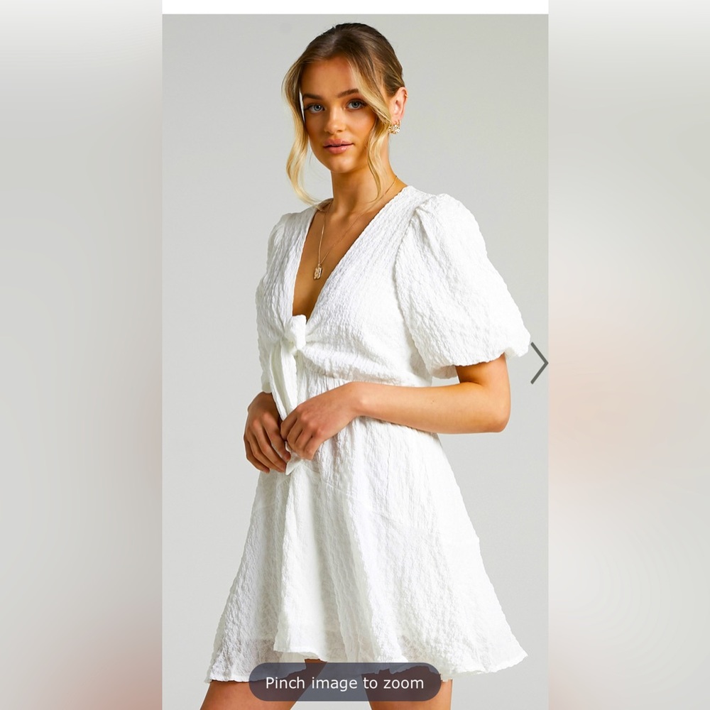 Showpo. ROSALEI PUFF SLEEVE TIE FRONT MINI DRESS IN WHITE, Size US 8